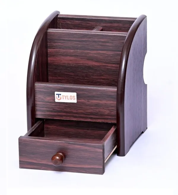 Brown_Polished_Wooden_Pen_Stand_With_One_Drawer_For_Desk_Organiser
