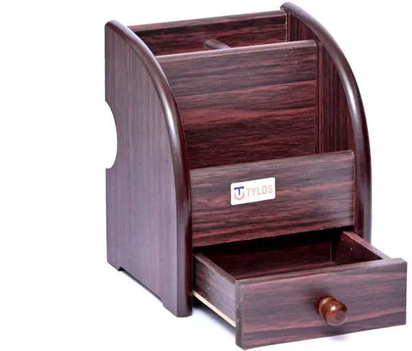Brown_Polished_Wooden_Pen_Stand_With_One_Drawer_For_Desk_Organiser