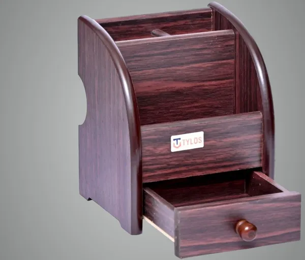 Brown_Polished_Wooden_Pen_Stand_With_One_Drawer_For_Desk_Organiser