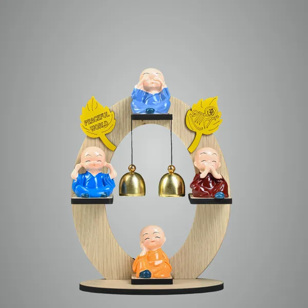Multicolor_Resin_Buddha_Monk_Figurines_For_Set_Of_4_Mini_Monks_On_Wooden_Stand_With_Bells