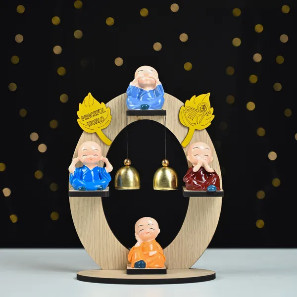 Multicolor_Resin_Buddha_Monk_Figurines_For_Set_Of_4_Mini_Monks_On_Wooden_Stand_With_Bells