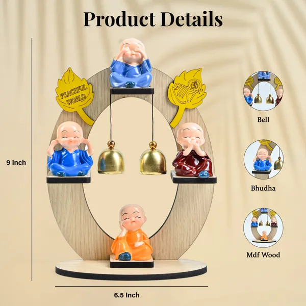 Multicolor_Resin_Buddha_Monk_Figurines_For_Set_Of_4_Mini_Monks_On_Wooden_Stand_With_Bells