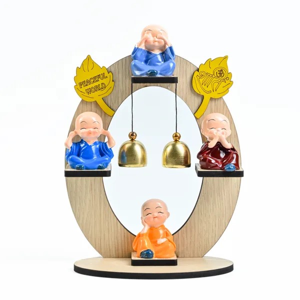 Multicolor_Resin_Buddha_Monk_Figurines_For_Set_Of_4_Mini_Monks_On_Wooden_Stand_With_Bells