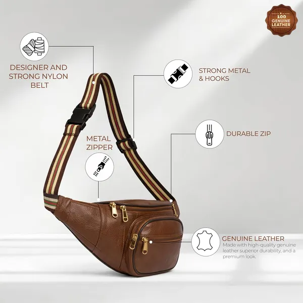 Chocolate_Leather_Waist_Bag_|_Adjustable_Belt_Bag_with_Multiple_Zip_Pockets