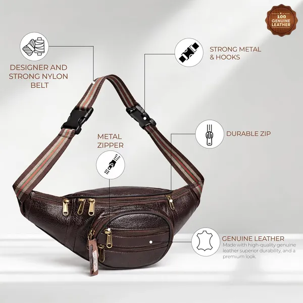 Brown_Plain_Leather_Waist_Bag_|_Adjustable_Belt_Bag_with_Multiple_Zip_Pockets