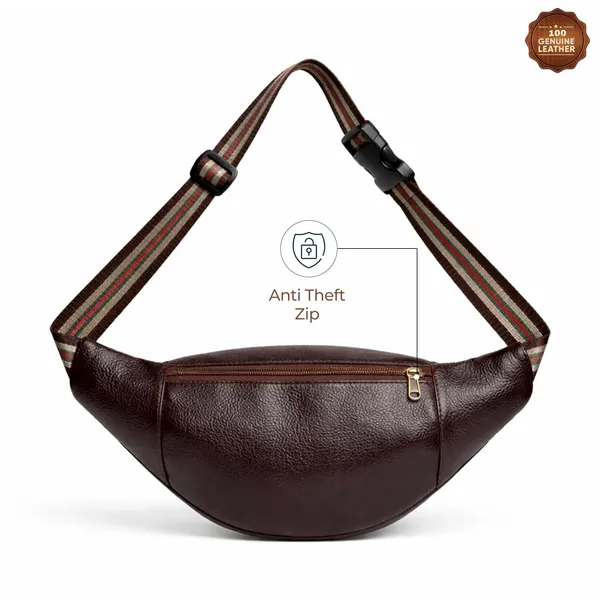 Brown_Plain_Leather_Waist_Bag_|_Adjustable_Belt_Bag_with_Multiple_Zip_Pockets