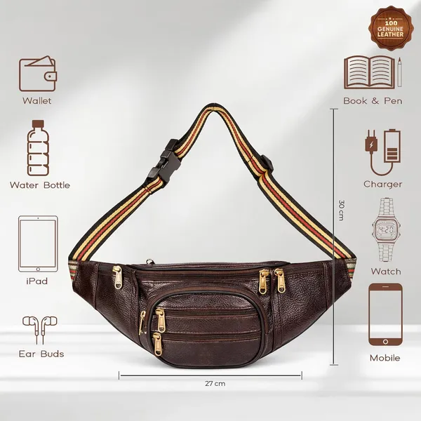 Brown_Plain_Leather_Waist_Bag_|_Adjustable_Belt_Bag_with_Multiple_Zip_Pockets