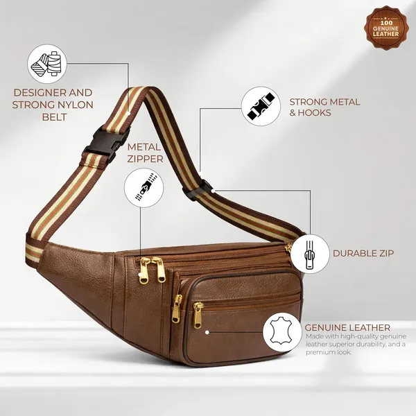 Chocolate_Leather_Waist_Bag_|_Adjustable_Belt_Bag_with_Multiple_Zip_Pockets