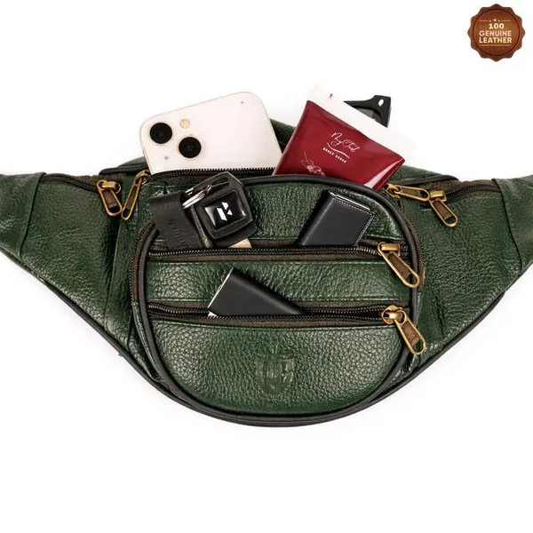 Green_Leather_Waist_Bag_|_Adjustable_Belt_Bag_with_Multiple_Zip_Pockets