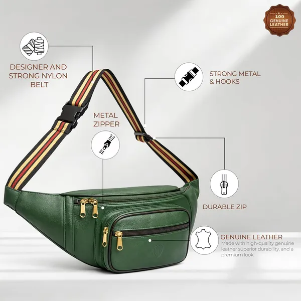 Green_Leather_Waist_Bag_|_Adjustable_Belt_Bag_with_Multiple_Zip_Pockets