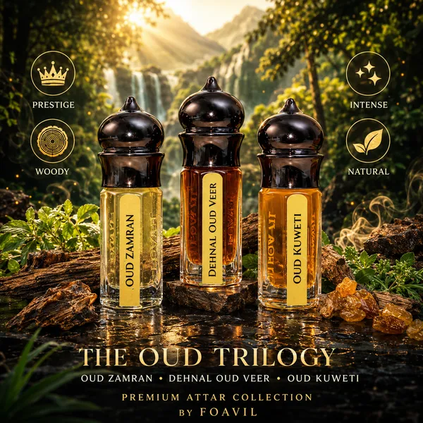 FOAVIL_Pack_of_3_Oud_Attar_Combo_–_Oud_Kuweti,_Oud_Zamran_&_Dehnal_Oud_Veer_|_3ml_Each_(9ml_Total)_|_Comes_in_Imported_Decorative_Bottles_with_Jute_Pouch_&_Rigid_Hamper_Box