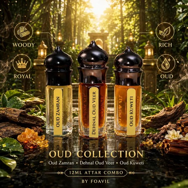 FOAVIL_Pack_of_3_Oud_Attar_Combo_–_Oud_Kuweti,_Oud_Zamran_&_Dehnal_Oud_Veer_|_3ml_Each_(9ml_Total)_|_Comes_in_Imported_Decorative_Bottles_with_Jute_Pouch_&_Rigid_Hamper_Box