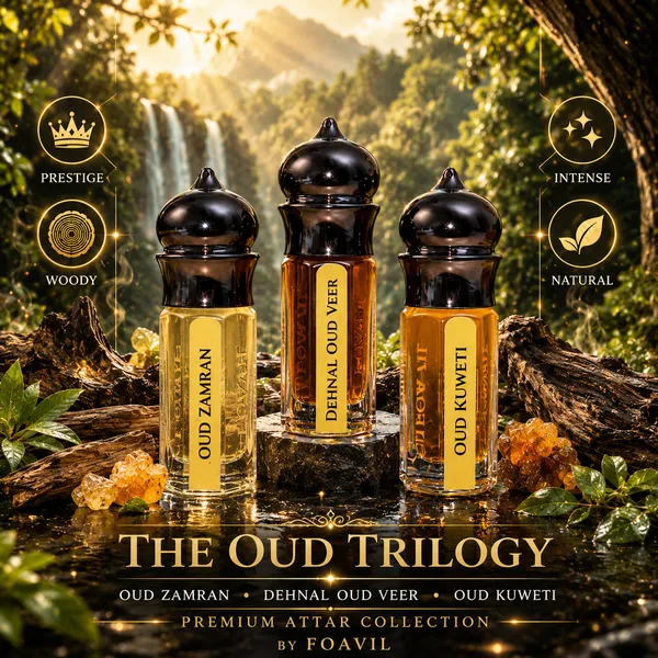 FOAVIL_Pack_of_3_Oud_Attar_Combo_–_Oud_Kuweti,_Oud_Zamran_&_Dehnal_Oud_Veer_|_3ml_Each_(9ml_Total)_|_Comes_in_Imported_Decorative_Bottles_with_Jute_Pouch_&_Rigid_Hamper_Box