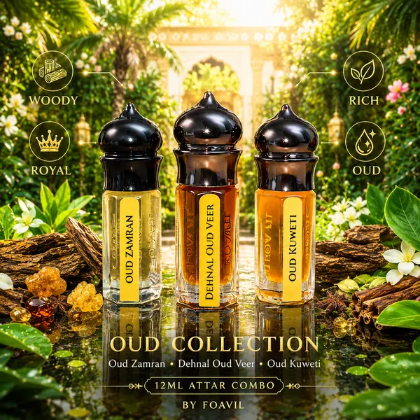 FOAVIL_Pack_of_3_Oud_Attar_Combo_–_Oud_Kuweti,_Oud_Zamran_&_Dehnal_Oud_Veer_|_3ml_Each_(9ml_Total)_|_Comes_in_Imported_Decorative_Bottles_with_Jute_Pouch_&_Rigid_Hamper_Box