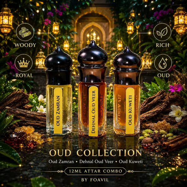 FOAVIL_Pack_of_3_Oud_Attar_Combo_–_Oud_Kuweti,_Oud_Zamran_&_Dehnal_Oud_Veer_|_3ml_Each_(9ml_Total)_|_Comes_in_Imported_Decorative_Bottles_with_Jute_Pouch_&_Rigid_Hamper_Box
