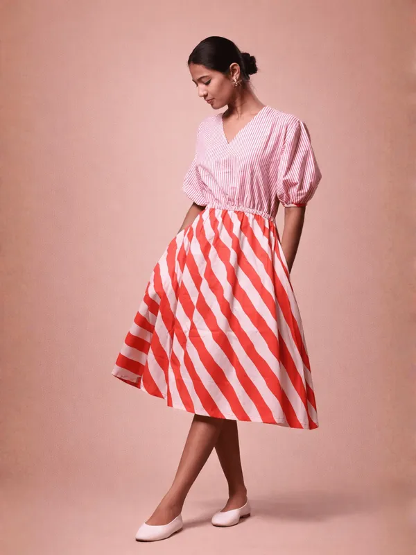 Scarlet_Dress_Red_Colour_Diagonal_Stripe