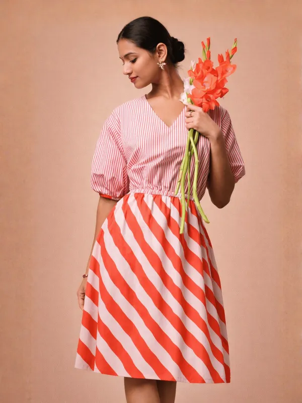 Scarlet_Dress_Red_Colour_Diagonal_Stripe