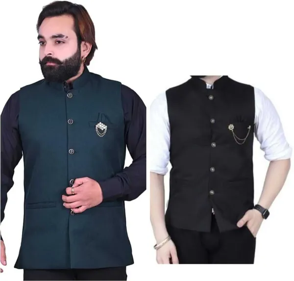 Green_And_Black_Polycotton_Sleeveless_Solid_Men_Jacket