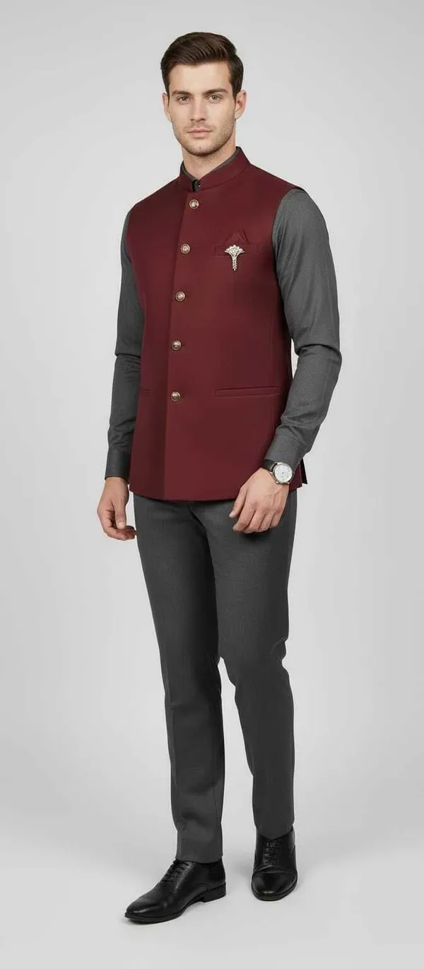 Maroon_Cotton_Blend_Sleeveless_Solid_Men_Jacket