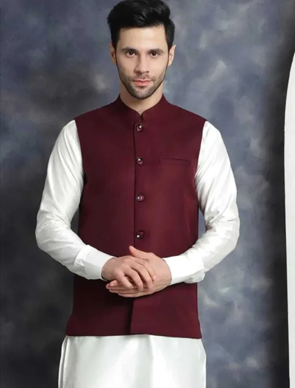 Maroon_Linen_Silk_Sleeveless_Solid_Men_Jacket