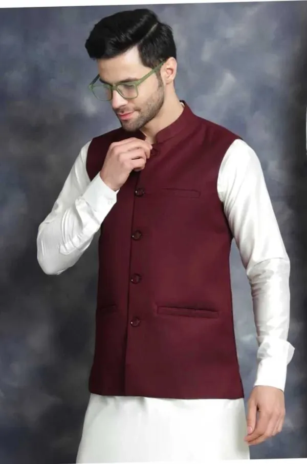 Maroon_Linen_Silk_Sleeveless_Solid_Men_Jacket