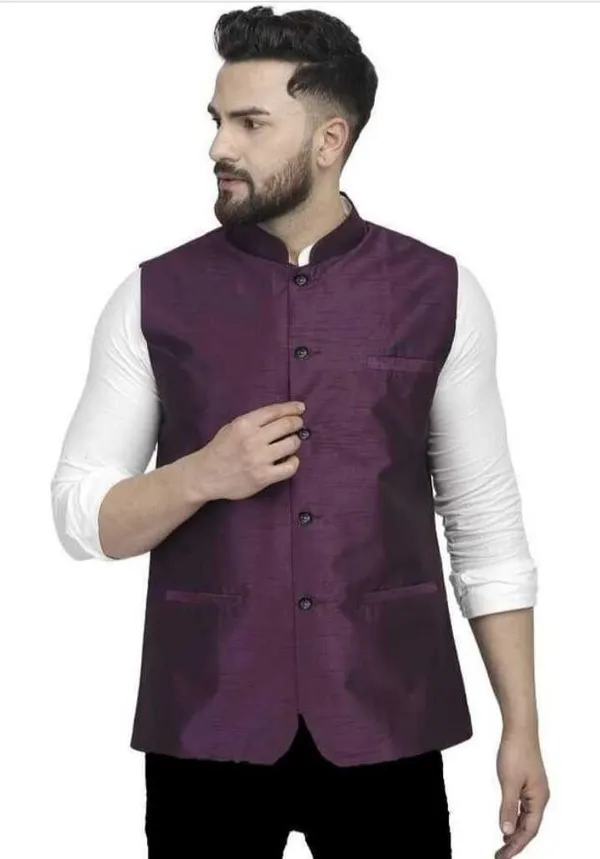 Wine_Cotton_Jute_Blend_Solid_Men_Waistcoat