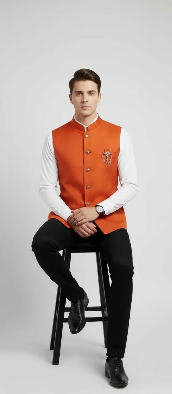 Orange_Cotton_Blend_Sleeveless_Solid_Men_Jacket
