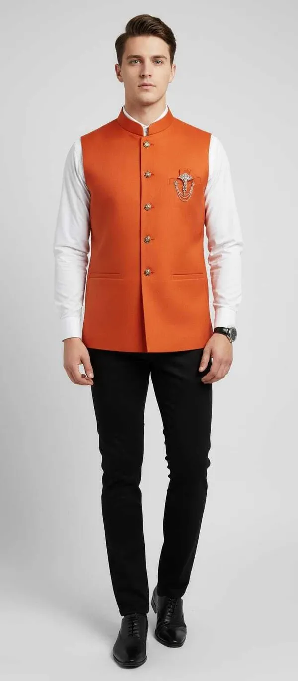 Orange_Cotton_Blend_Sleeveless_Solid_Men_Jacket