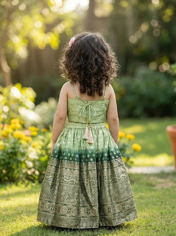 Green_Premiumpremium_Soft_Silk_&_Cotton_Lining_Bead-Embellished_Tie-Back_Crop_Top_With_Broad_Zari_Border_Lehenga_For_Kids
