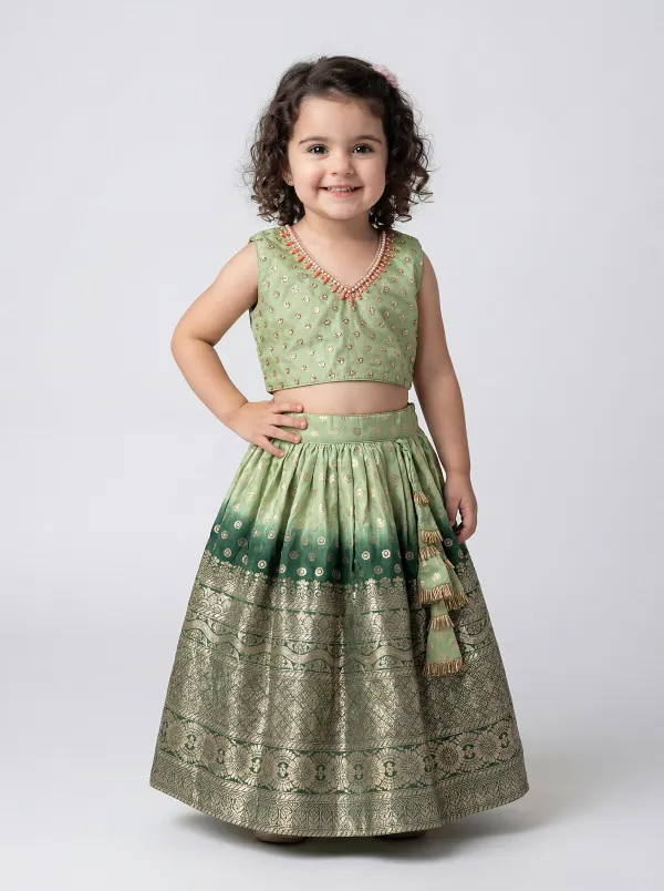 Green_Premiumpremium_Soft_Silk_&_Cotton_Lining_Bead-Embellished_Tie-Back_Crop_Top_With_Broad_Zari_Border_Lehenga_For_Kids