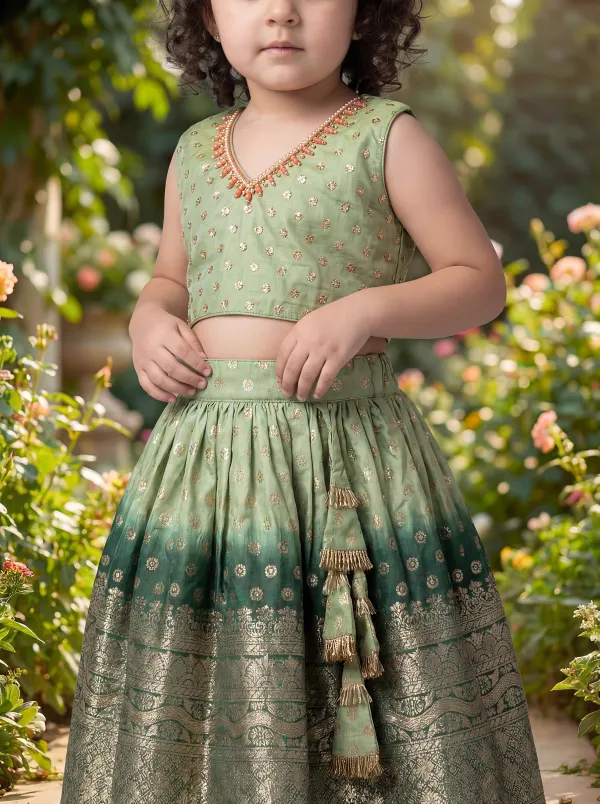 Green_Premiumpremium_Soft_Silk_&_Cotton_Lining_Bead-Embellished_Tie-Back_Crop_Top_With_Broad_Zari_Border_Lehenga_For_Kids