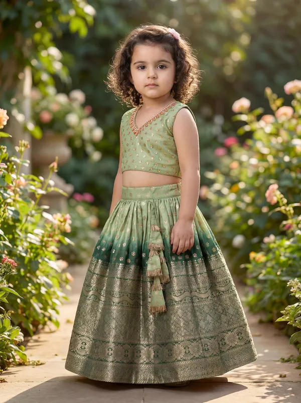 Green_Premiumpremium_Soft_Silk_&_Cotton_Lining_Bead-Embellished_Tie-Back_Crop_Top_With_Broad_Zari_Border_Lehenga_For_Kids