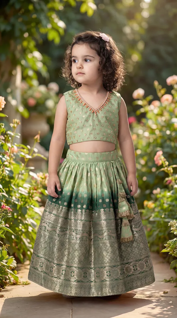 Green_Premiumpremium_Soft_Silk_&_Cotton_Lining_Bead-Embellished_Tie-Back_Crop_Top_With_Broad_Zari_Border_Lehenga_For_Kids