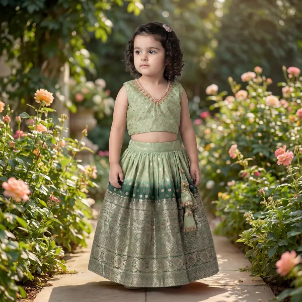 Green_Premiumpremium_Soft_Silk_&_Cotton_Lining_Bead-Embellished_Tie-Back_Crop_Top_With_Broad_Zari_Border_Lehenga_For_Kids