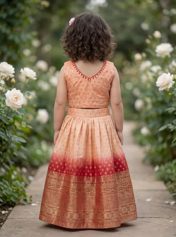 Peach_&_Red_Premiumpremium_Soft_Silk_&_Cotton_Lining_Crop_Top_With_Gold_Embroidered_Motifs,_Paired_With_A_Lehenga_Featuring_A_Broad_Golden_Border._For_Kids
