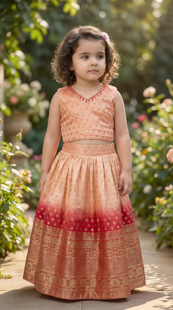 Peach_&_Red_Premiumpremium_Soft_Silk_&_Cotton_Lining_Crop_Top_With_Gold_Embroidered_Motifs,_Paired_With_A_Lehenga_Featuring_A_Broad_Golden_Border._For_Kids