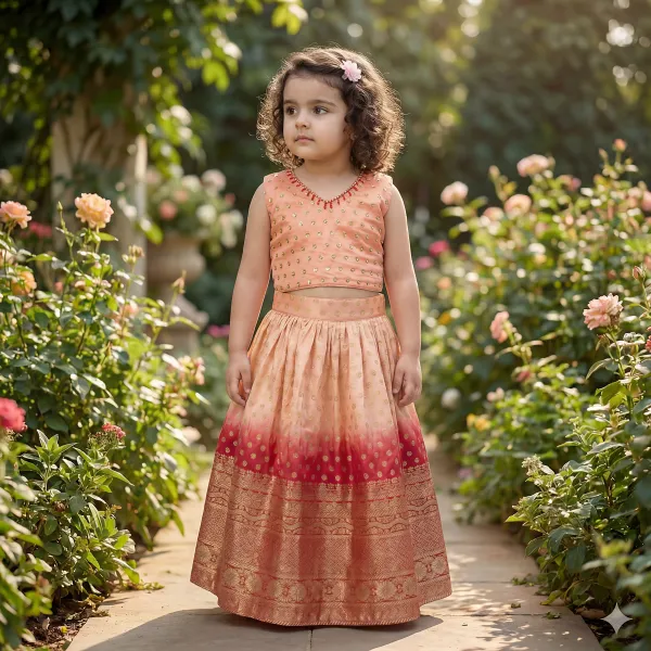 Peach_&_Red_Premiumpremium_Soft_Silk_&_Cotton_Lining_Crop_Top_With_Gold_Embroidered_Motifs,_Paired_With_A_Lehenga_Featuring_A_Broad_Golden_Border._For_Kids