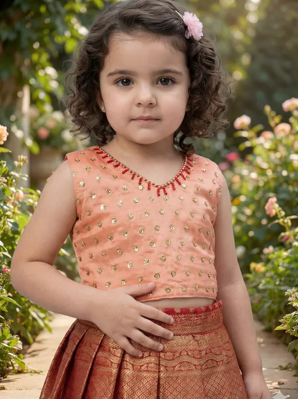 Peach_&_Red_Premiumpremium_Soft_Silk_&_Cotton_Lining_Crop_Top_With_Gold_Embroidered_Motifs,_Paired_With_A_Lehenga_Featuring_A_Broad_Golden_Border._For_Kids