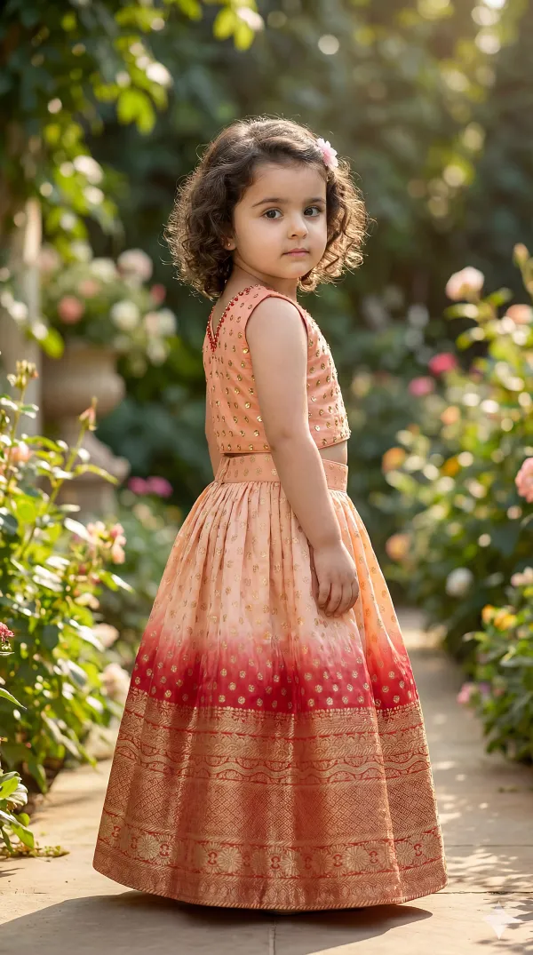 Peach_&_Red_Premiumpremium_Soft_Silk_&_Cotton_Lining_Crop_Top_With_Gold_Embroidered_Motifs,_Paired_With_A_Lehenga_Featuring_A_Broad_Golden_Border._For_Kids