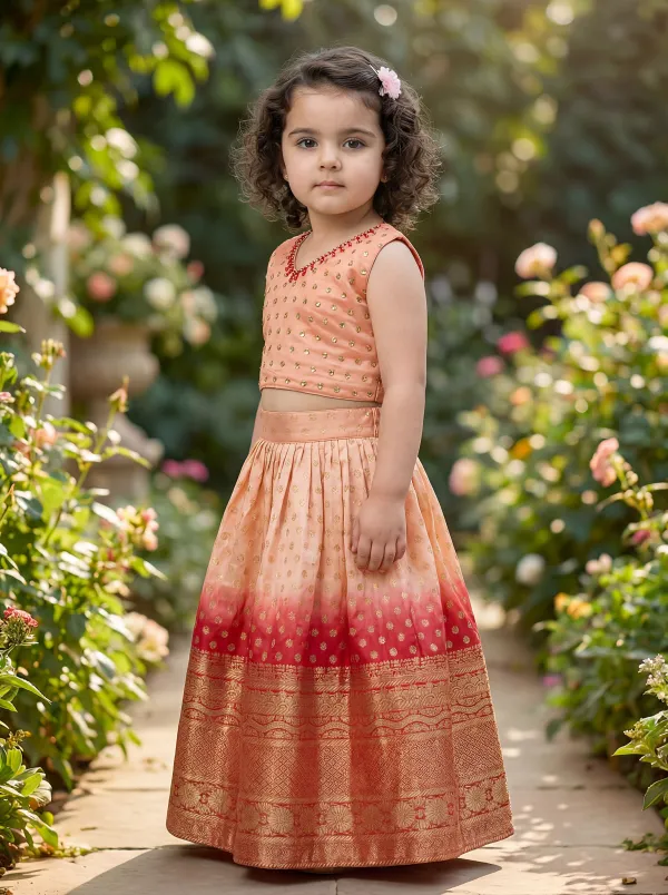 Peach_&_Red_Premiumpremium_Soft_Silk_&_Cotton_Lining_Crop_Top_With_Gold_Embroidered_Motifs,_Paired_With_A_Lehenga_Featuring_A_Broad_Golden_Border._For_Kids