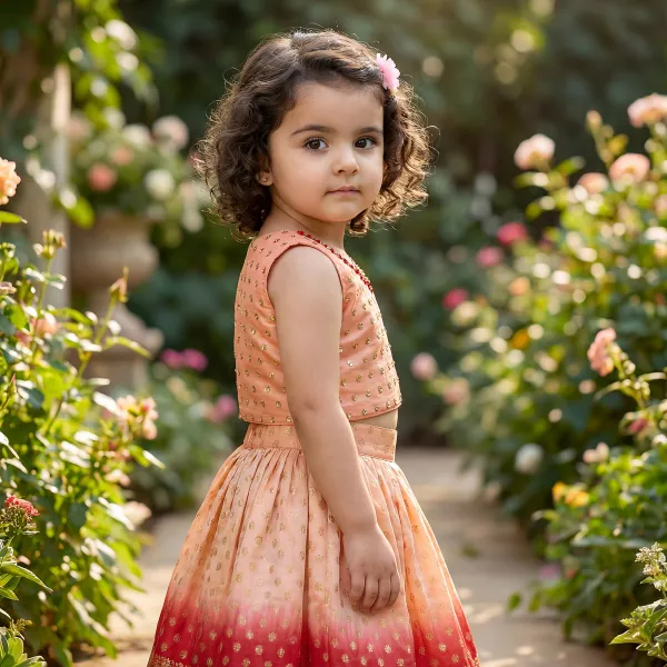Peach_&_Red_Premiumpremium_Soft_Silk_&_Cotton_Lining_Crop_Top_With_Gold_Embroidered_Motifs,_Paired_With_A_Lehenga_Featuring_A_Broad_Golden_Border._For_Kids