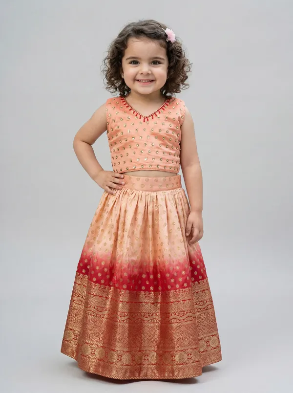 Peach_&_Red_Premiumpremium_Soft_Silk_&_Cotton_Lining_Crop_Top_With_Gold_Embroidered_Motifs,_Paired_With_A_Lehenga_Featuring_A_Broad_Golden_Border._For_Kids