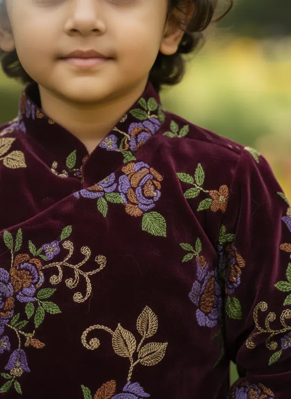 Brown_&_Golden_Premium_luxurious_Velvet_&_Cotton_Lining_&_Raw_Silk_Pajama_Floral_Print_Sherwani_&_Churidar_For_Kids