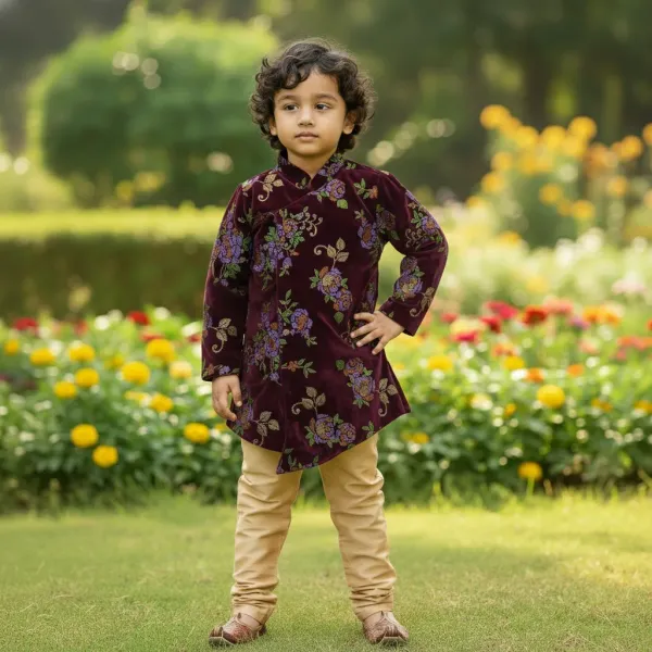 Brown_&_Golden_Premium_luxurious_Velvet_&_Cotton_Lining_&_Raw_Silk_Pajama_Floral_Print_Sherwani_&_Churidar_For_Kids