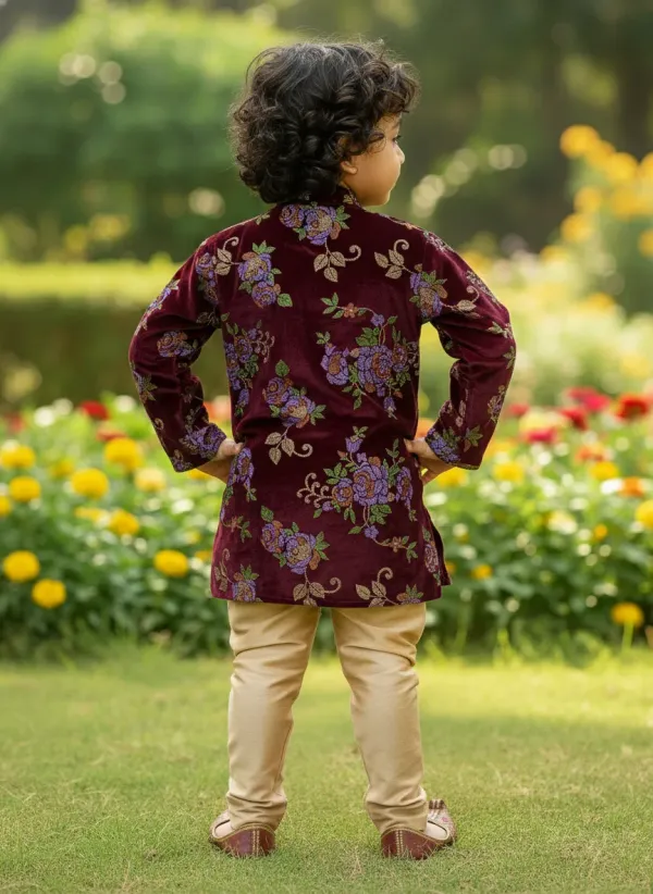 Brown_&_Golden_Premium_luxurious_Velvet_&_Cotton_Lining_&_Raw_Silk_Pajama_Floral_Print_Sherwani_&_Churidar_For_Kids