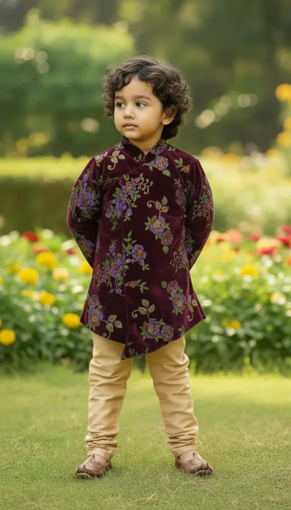 Brown_&_Golden_Premium_luxurious_Velvet_&_Cotton_Lining_&_Raw_Silk_Pajama_Floral_Print_Sherwani_&_Churidar_For_Kids