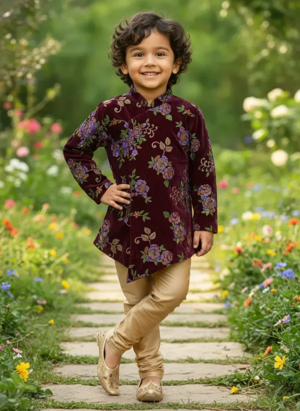 Brown_&_Golden_Premium_luxurious_Velvet_&_Cotton_Lining_&_Raw_Silk_Pajama_Floral_Print_Sherwani_&_Churidar_For_Kids