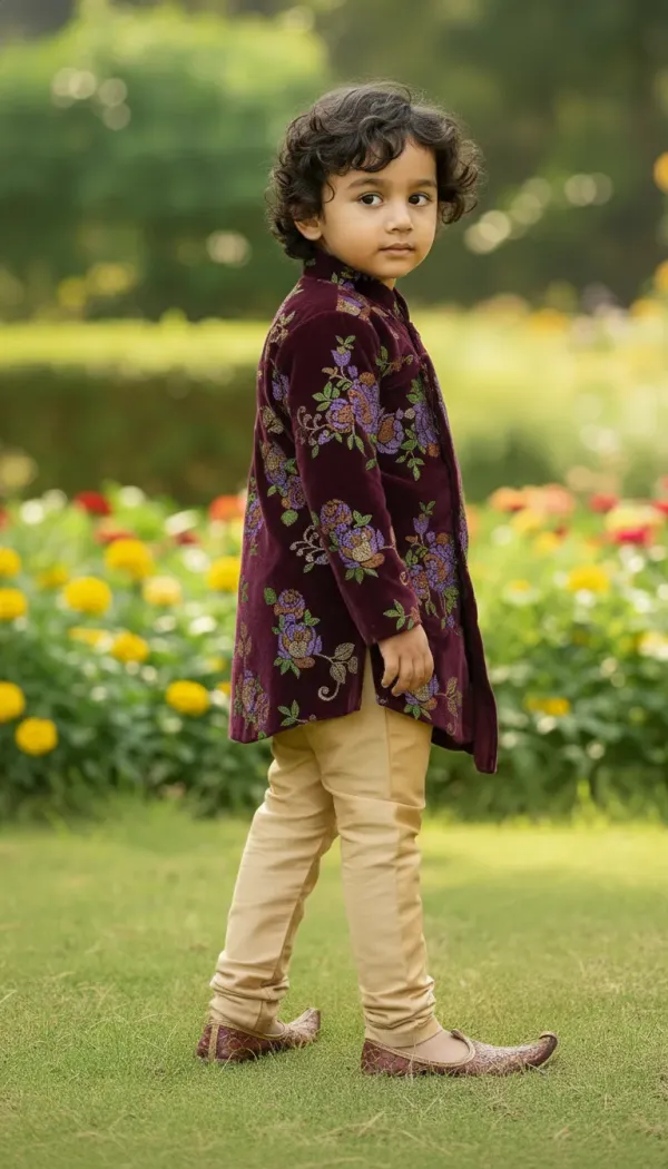 Brown_&_Golden_Premium_luxurious_Velvet_&_Cotton_Lining_&_Raw_Silk_Pajama_Floral_Print_Sherwani_&_Churidar_For_Kids
