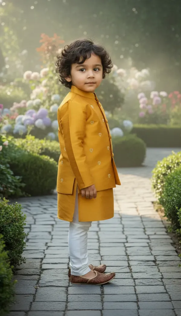Yellow_&_White_Premiumtafetta_Silk_&_Buttercrepe_Lining_Heart_Pearl_Embroidery_Kurta,_Pajama_&_Jacket_Set_For_Kids