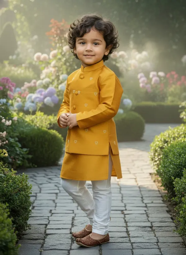 Yellow_&_White_Premiumtafetta_Silk_&_Buttercrepe_Lining_Heart_Pearl_Embroidery_Kurta,_Pajama_&_Jacket_Set_For_Kids